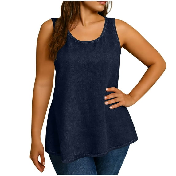 Plus Size Womens Fake Denim Tank Top Sleeveless Loose Fit Crewneck Shirts Summer Lightweight Going Out Imitation Jean Tank Shirt