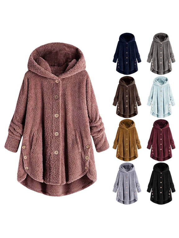 Plus Size Womens Fall Cute Sherpa Jackets Lightweight Loose Fit Warm Winter Fuzzy Coat Button Up Long Sleeve Casual Coats Size to 5XL