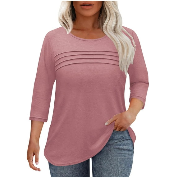 Plus Size Womens Fall Tops 3/4 Sleeve Crew Neck Pleated T Shirts Loose Dressy Casual Blouses 2025 Fashion