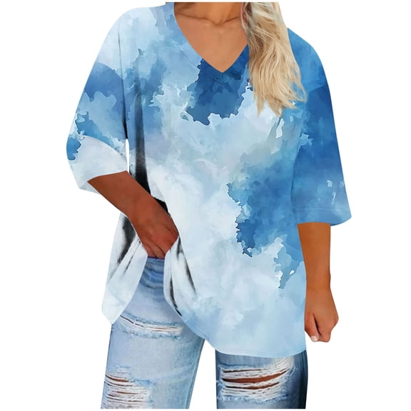 Plus Size Womens Fashion Tie Dye Shirts 3/4 Sleeve Casual Summer V Neck T Shirt Lightweight Loose Comfy Soft Blouse Tops