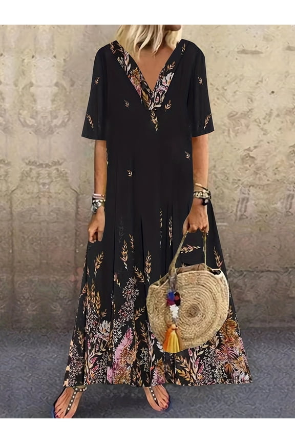 Plus Size Womens Floral Print Short Sleeve V Neck Loose Fit Maxi Dress for Casual Occasions - Soft Fabric, Relaxed Fit, Perfect for Summer - Elegant and Comfortable