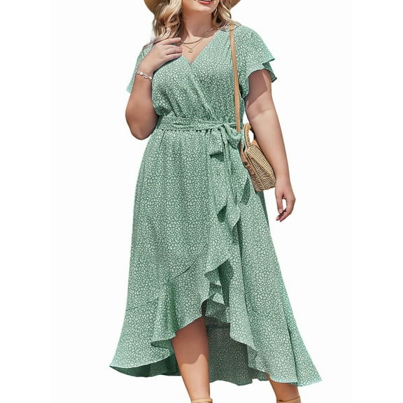 Plus Size Womens Floral Summer Dress Casual Wrap V Neck Short Sleeve Belted Beach Bohemian Maxi Dress Light Green XXL