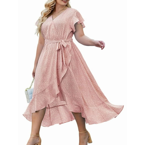 Plus Size Womens Floral Summer Dress Casual Wrap V Neck Short Sleeve Belted Beach Bohemian Maxi Dress Pink XXL