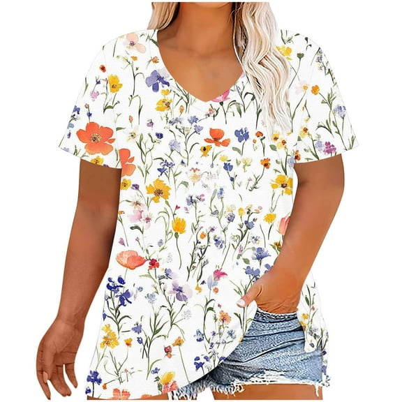 Plus-Size Womens Flowers Crew Neck Shirt Vintage Boho Floral Graphic Tees Casual Short Sleeve T Shirts White XL