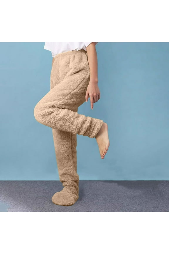 Plus Size Womens Fuzzy Lounge Pants Fleece Plush Footed Pajama Pants Warm Comfy Sleep Trousers
