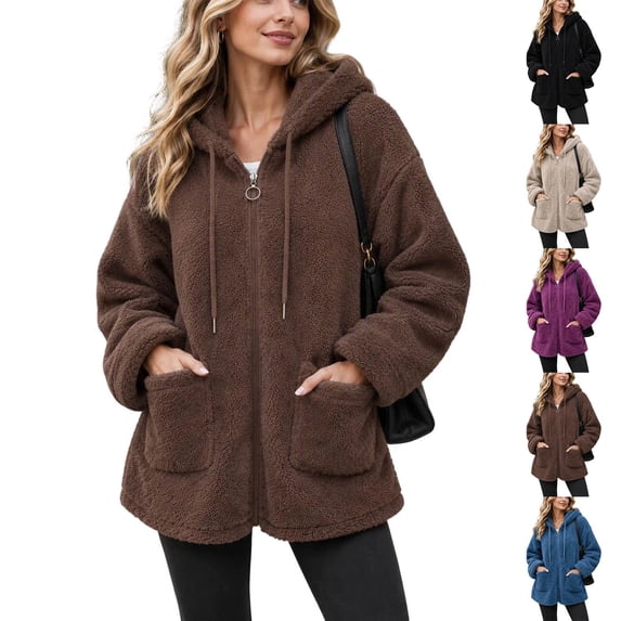 Plus Size Womens Fuzzy Winter Coats Full Zip Oversized Lightweight Hooded Fall Jackets with Pockets Drawstring Long Sleeve Loose Outerwear Size to 4XL