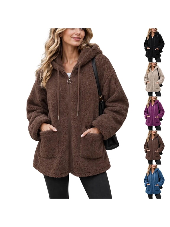 Plus Size Womens Fuzzy Winter Coats Full Zip Oversized Lightweight Hooded Fall Jackets with Pockets Drawstring Long Sleeve Loose Outerwear Size to 4XL