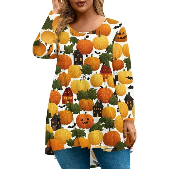 Plus Size Womens Halloween Shirts Funny Fall Long Sleeve Blouses Ghost Bat Pumpkin Print T-Shirt Crew Neck Shirts Loose Fit Casual Womens Clothing