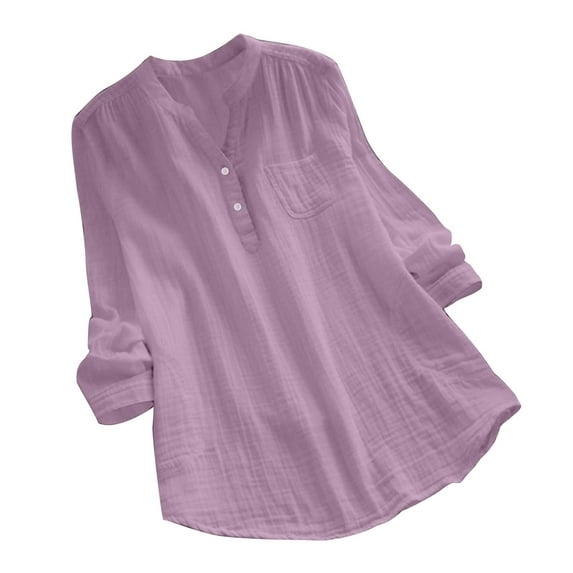 Women Cotton Linen 3/4 Sleeve Lace Embroidery Printed Tops Crew Neck Wrinkled Flowing Shirts Loose Tunic Blouse