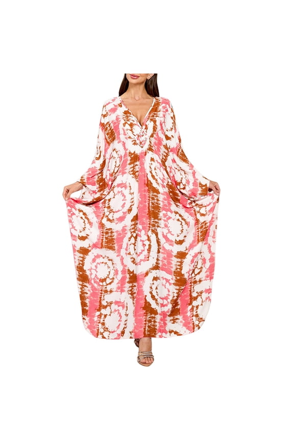 Plus Size Womens Kaftan Dresses V Neck Batwing Sleeves Floral Print Beach Cover Up Summer Breathable Caftan Dress Pink One Size