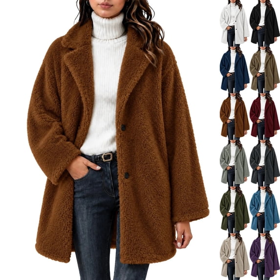 Plus Size Womens Lightweight Fleece Fall Jackets Trendy Mid-Length Oversized Winter Coats with Pockets Lapel Collar Button Down Outerwear
