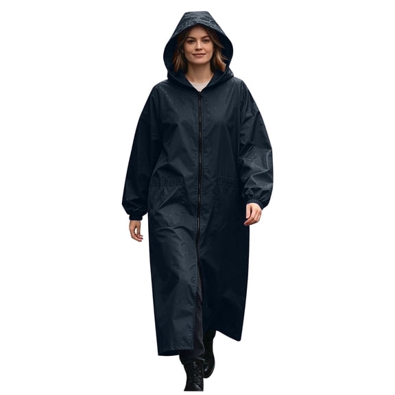Plus Size Womens Long Hooded Rain Poncho Waterproof Full-Zip Windbreaker Jacket With Pockets