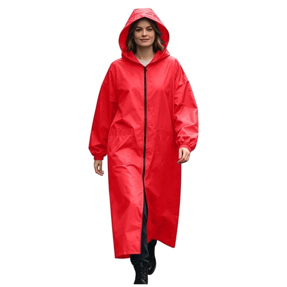 Plus Size Womens Long Hooded Rain Poncho Waterproof Full-Zip Windbreaker Jacket With Pockets