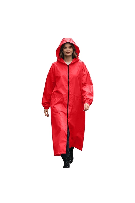 Plus Size Womens Long Hooded Rain Poncho Waterproof Full-Zip Windbreaker Jacket With Pockets