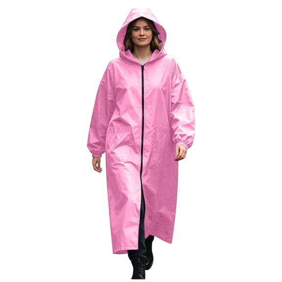 Plus Size Womens Long Hooded Rain Poncho Waterproof Full-Zip Windbreaker Jacket With Pockets