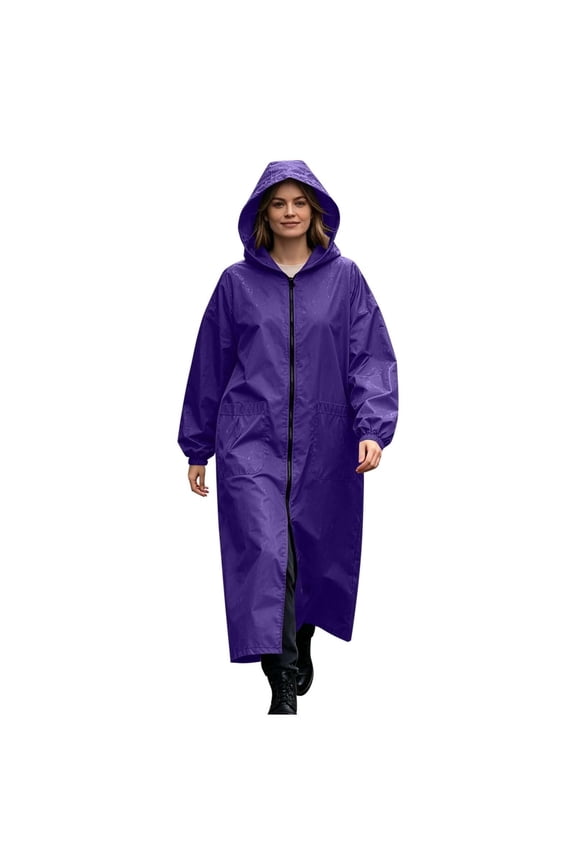 Plus Size Womens Long Hooded Rain Poncho Waterproof Full-Zip Windbreaker Jacket With Pockets