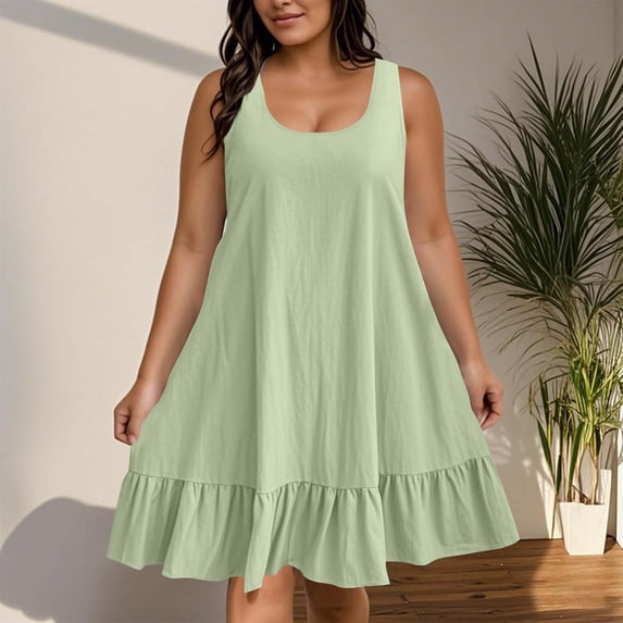 Plus Size Womens Loose Fitting Mini Sundress Linen V Neck Ruffle Short Dress for Vacation Holiday Daily Wear Mint Green XL