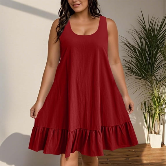Plus Size Womens Loose Fitting Mini Sundress Linen V Neck Ruffle Short Dress for Vacation Holiday Daily Wear Wine 5XL