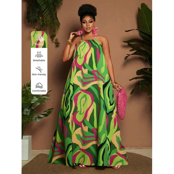 Plus Size Womens Multicolor Abstract Print Spaghetti Strap A-Line Maxi Dress For Vacation Resort Summer Wear