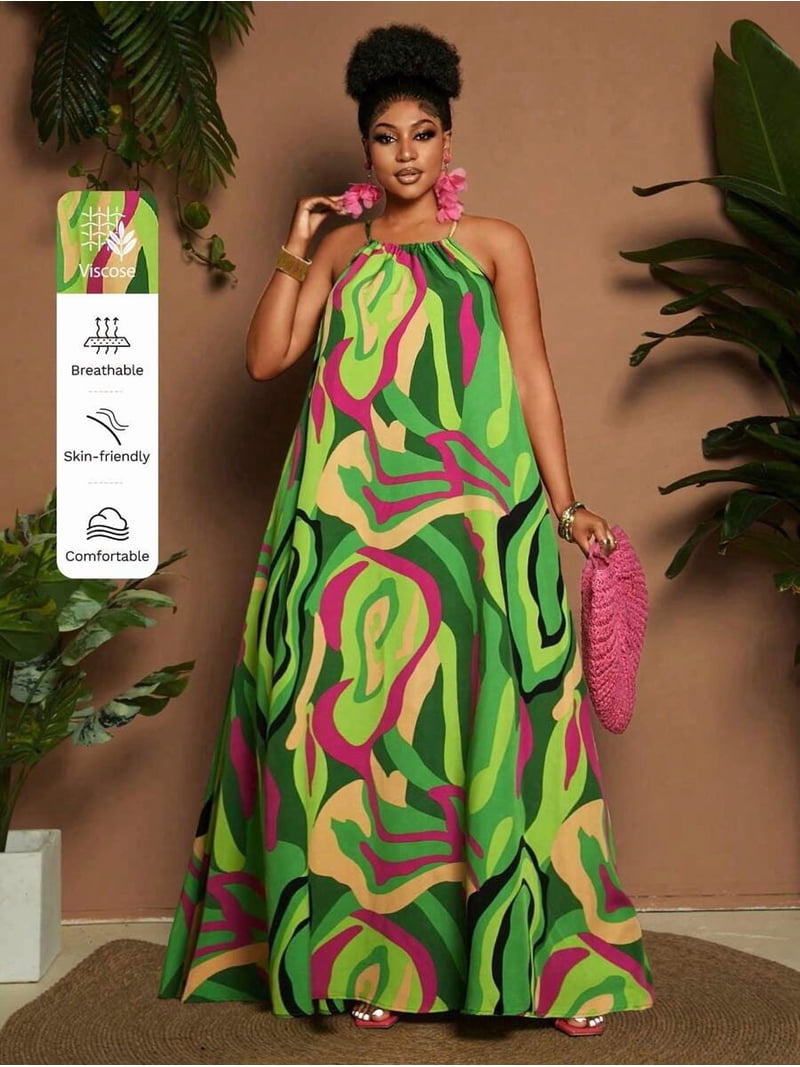 a line dress plus size pattern Plus Size Womens Multicolor Abstract Print Spaghetti Strap A-Line Maxi Dress  For Vacation Resort Summer Wear