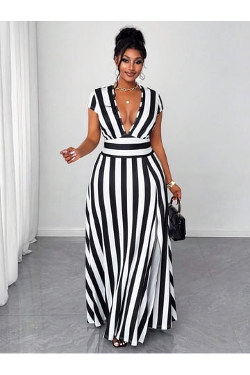 haleys black and white wide horizontal striped dress DRESSES  Haley & Co (82% Polyester haleys black and white wide