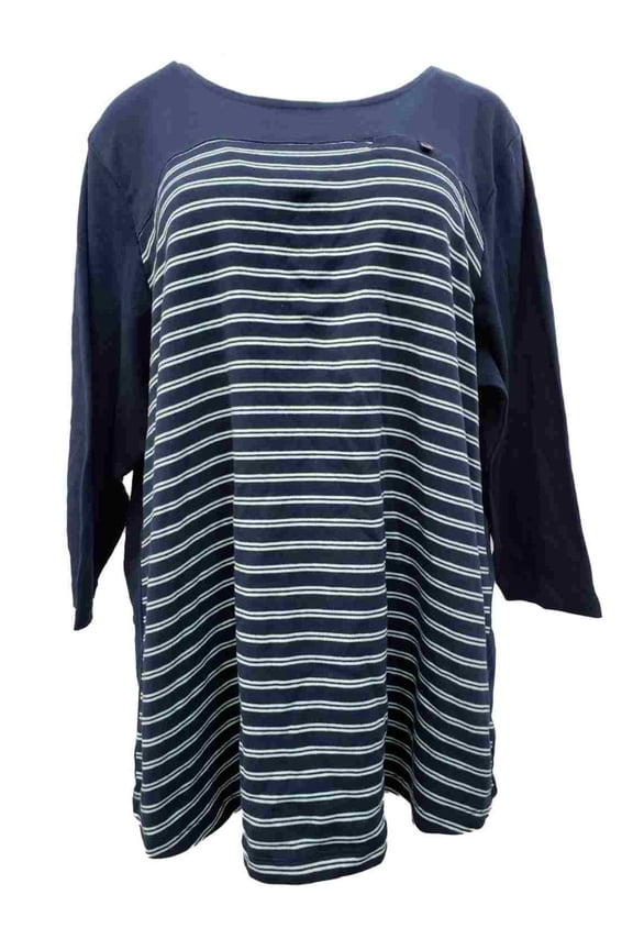 Plus Size Womens Navy Blue & Aqua Striped Dressy Shirt Top 2X