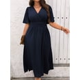 thumbnail image 1 of Plus Size Womens Navy Blue Solid V-Neck Wrap Short Sleeve Maxi Dress, 1 of 6