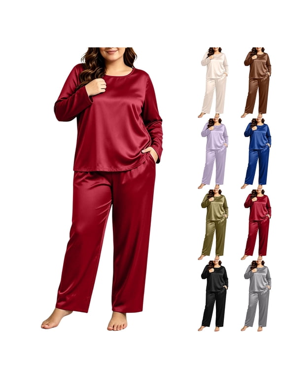 Plus Size Womens Pajamas Set Silk Satin Soft Casual Loungewear Sets Long Sleeve Crew Neck Pjs and Wide Leg Pants with Pocket Size XL-5XL