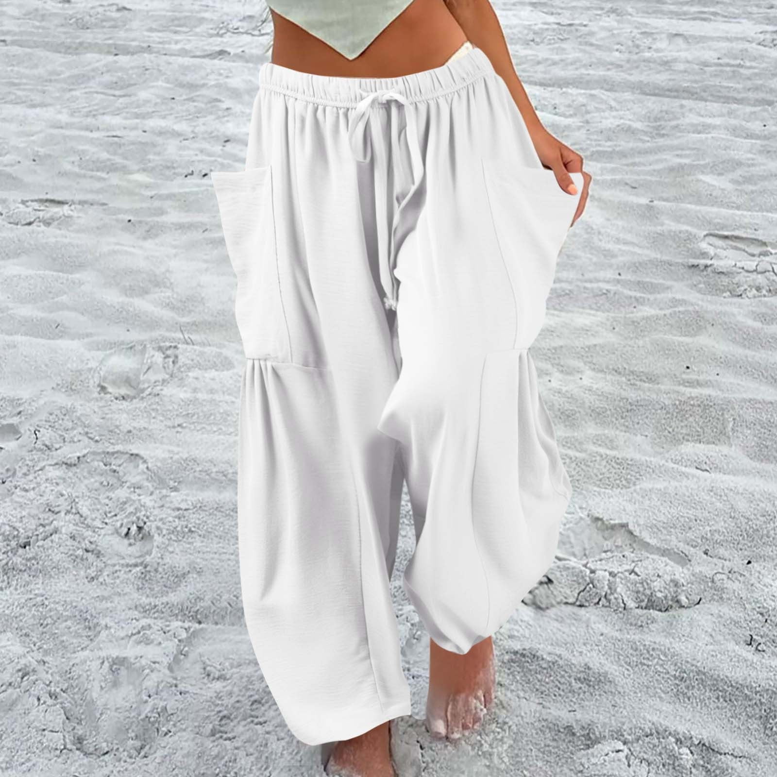 Plus Size Womens Pants Wide Leg Linen Drawstring Ankle Length