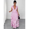 thumbnail image 1 of Plus Size Womens Pink And White Striped Deep V-Neck Cap Sleeve Maxi Dress With Waist Tie, 1 of 7