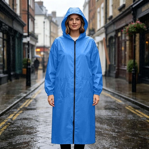 Plus Size Womens Rain Jacket Lightweight Full Zipper Long Poncho With Hood Waterproof Windbreaker Raincoat With Pockets