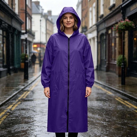 Plus Size Womens Rain Jacket Lightweight Full Zipper Long Poncho With Hood Waterproof Windbreaker Raincoat With Pockets