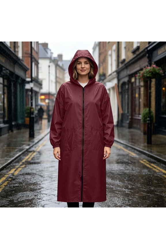 Plus Size Womens Rain Jacket Lightweight Full Zipper Long Poncho With Hood Waterproof Windbreaker Raincoat With Pockets