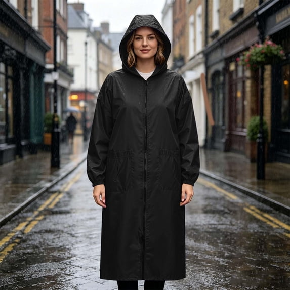 Plus Size Womens Rain Jacket Lightweight Full Zipper Long Poncho With Hood Waterproof Windbreaker Raincoat With Pockets