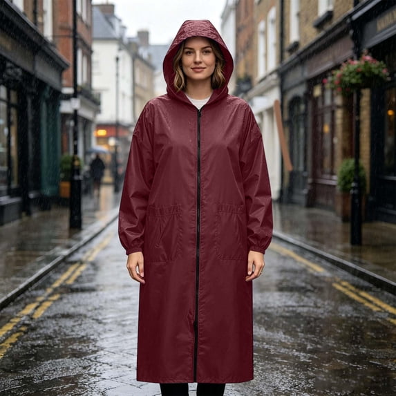Plus Size Womens Rain Jacket Lightweight Full Zipper Long Poncho With Hood Waterproof Windbreaker Raincoat With Pockets