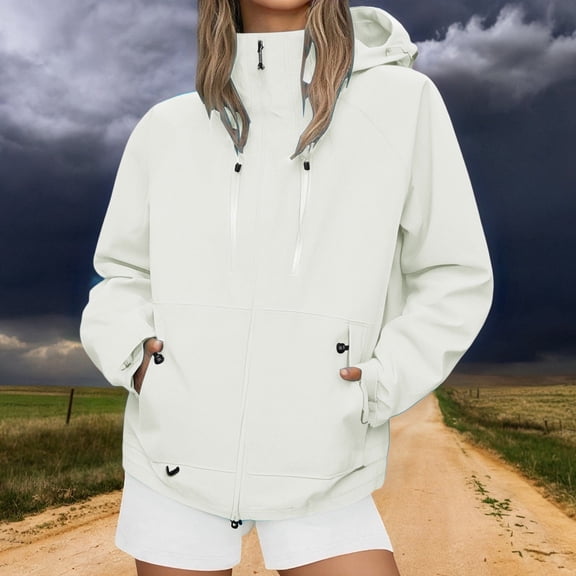 Plus Size Womens Rain Jacket with Hood Waterproof Raincoats Lightweight Packable Outdoor Trench Coat ,White XXXXL