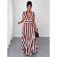 thumbnail image 1 of Plus Size Womens Red And White Striped Deep V-Neck Cap Sleeve Maxi Dress With Waist Tie, 1 of 7