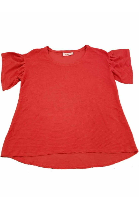 Plus Size Womens Red Ribbed Ruffled Short Sleeve Dressy Sweater Shirt Top 2X