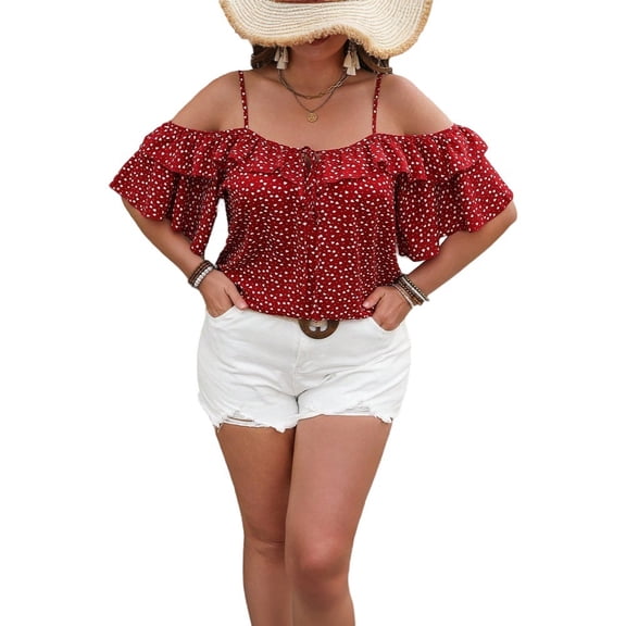 Plus Size Womens Red Sweet Polka Dot Off Shoulder T Shirt Puff Sleeve Knitted Summer Top