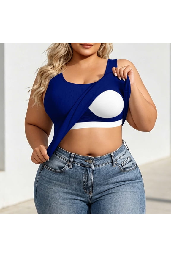 Plus Size Womens Ribbed Tank Tops with Built-In Bra, Round Neck Fitting Sleeveless Cami for Loungewear Sports Blue XXL