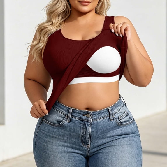 Plus Size Womens Ribbed Tank Tops with Built-In Bra, Round Neck Fitting Sleeveless Cami for Loungewear Sports Wine Running Tank Tops for Women 4XL