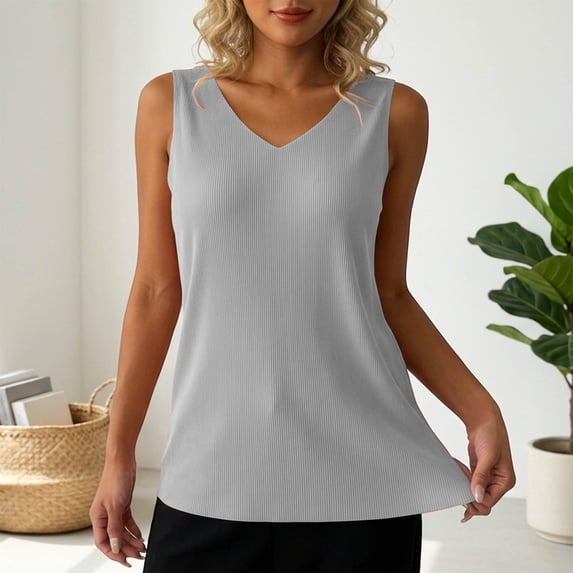 Plus Size Womens Ribbed V Neck Tank Tops Loungewear Casual Loose Fitting Sleeveless Tunic Blouse Daily Wear Gray 5XL