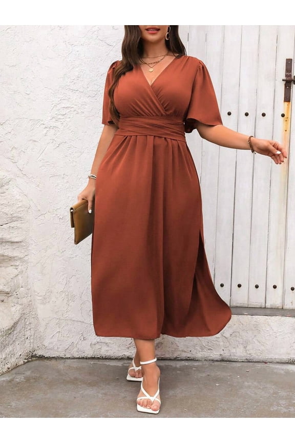 Plus Size Womens Rust Brown Solid V-Neck Wrap Short Sleeve Maxi Dress