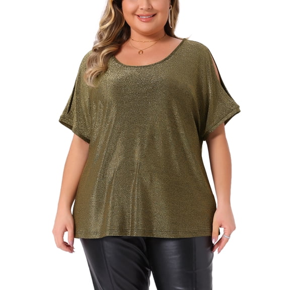 Agnes Orinda Plus Size Halloween Outfits Womens Sequin Tops Cold Shouder Short Sleeve Glitter Party Shirt Sparkle Club Night Blouse 1X Gold
