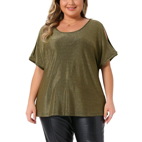 Plus Size Womens Sequin Tops Cold Shouder Short Sleeve Glitter Party Shirt Sparkle Club Night Blouse Sexy 2X Gold