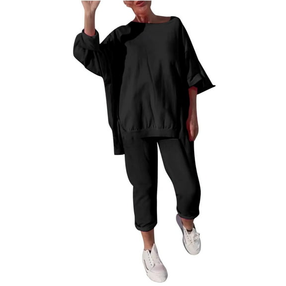 Plus Size Womens Sets 2 Piece Outfits Oversized Pullover Sweatshirt and Straight Fit Pants Long Sleeve Loungewear (XS, Black)