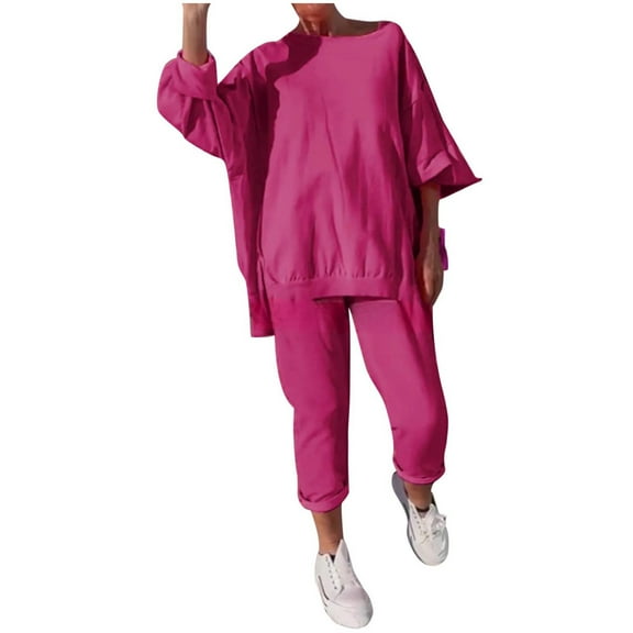 Plus Size Womens Sets 2 Piece Outfits Oversized Pullover Sweatshirt and Straight Fit Pants Long Sleeve Loungewear (XS, Hot Pink)