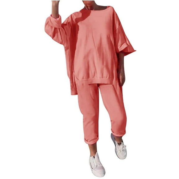 Plus Size Womens Sets 2 Piece Outfits Oversized Pullover Sweatshirt and Straight Fit Pants Long Sleeve Loungewear (XS, Pink)