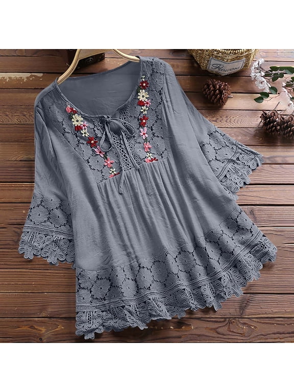 Plus Size Womens Shirts , Womens Vintage Lace Patchwork Bow V-Neck Shirt Plus Size Three Quarter Top T-Shirt Size S-5XL