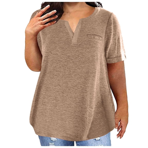 Plus Size Womens Shirts Color Block Gradient Print V Neck Top Shirt Short Sleeve Loose Blouse Womens Tops Plus Size Khaki XXL